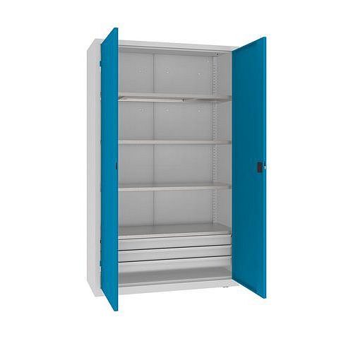 Kovová dílenská skříň, 199 x 120 x 50 cm, 3 zásuvky, šedá/sv. modrá