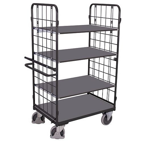 Policový vozík s mřížovými bočnicemi a ruční brzdou, 4 police, 119,5 x 71,5 x 182,5 cm, šedý