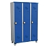 Svařovaná šatní skříň s mezistěnou Acial, 3 oddíly, 400 mm, na nohách, kódový zámek, šedá/modrá